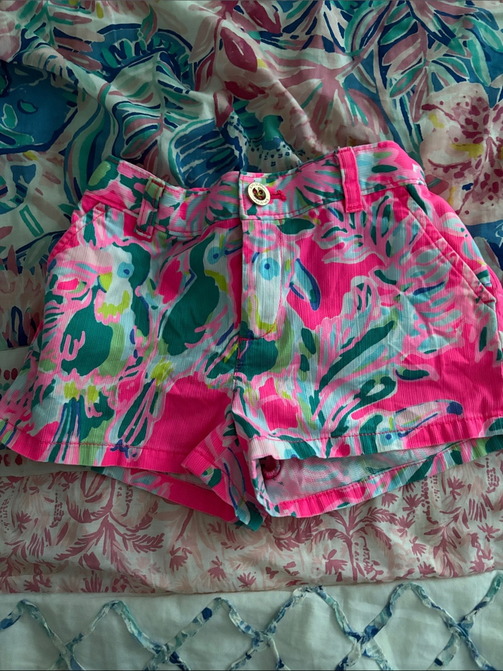 Girls' Tropical Pink Print Jean Shorts